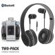 Two-Pack Folding Bluetooth Wireless Headphones + Stereo Buds Mic Stereo Black