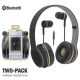 Two-Pack Folding Bluetooth Wireless Headphones + Stereo Buds Mic Stereo Gold
