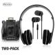 Two-Pack Folding Wired In-Line Mic Stereo Headphones & Earbuds Black